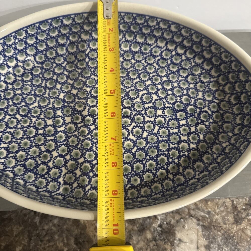 Vintage Boleslawiec Polish Pottery, Oval Deep Baking Dish, Blue And Green 14in - Picture 14 of 14